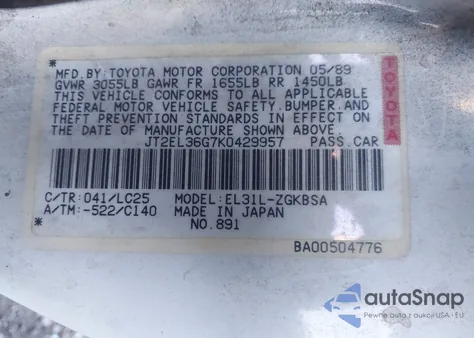 1989 Toyota Tercel Ez from USA, damaged, VIN JT2EL36G7K0429957